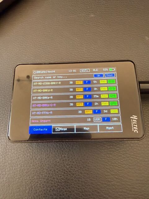MCTerm running on the Heltec V4 TFT Extended: contacts on the heltec v4 extended
