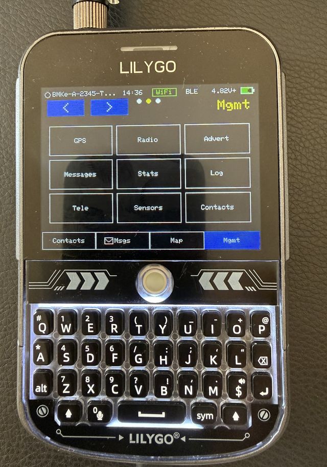 MCTerm Mgmt overview grid on the T-Deck Plus: GPS, Radio, Advert, Messages, Stats, Log, Tele, Sensors, Contacts