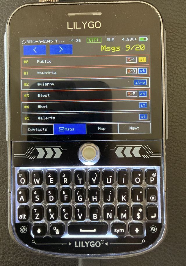 MCTerm channel list: Public, #austria, #vienna, #test with unread counters and region scope badges