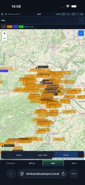 WebUI map with mesh nodes by type on OpenStreetMap tiles