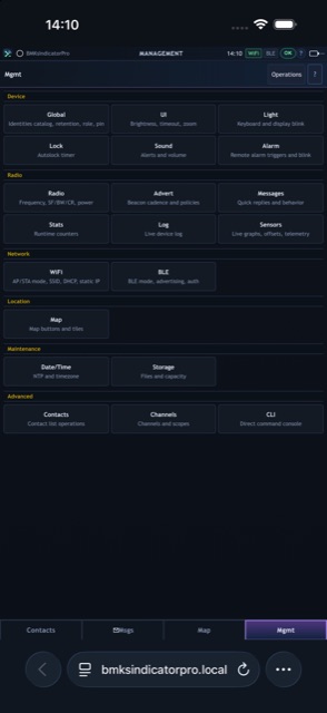 WebUI Management grid with Device, Radio, Network, Location and Maintenance tiles