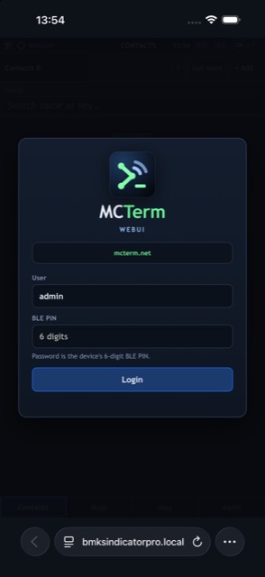 MCTerm WebUI login screen with user and BLE PIN, opened at bmksindicatorpro.local